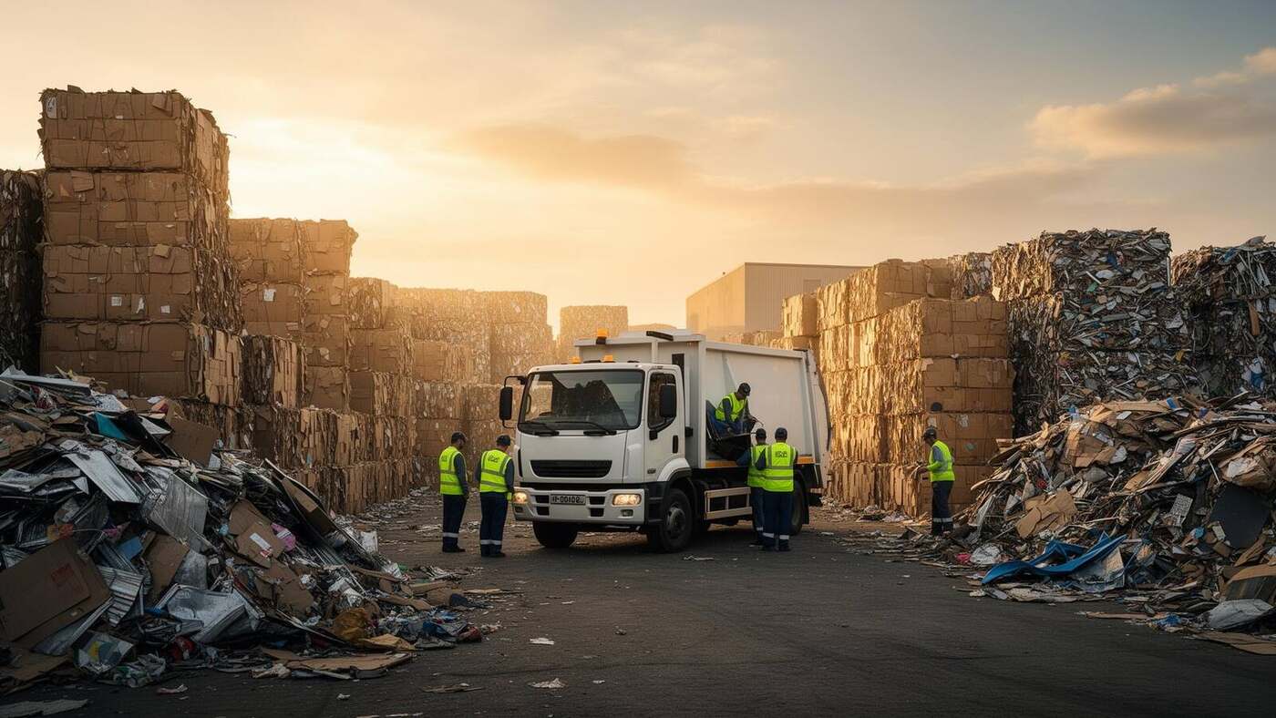 Bright minimalist recycling warehouse with stacked cartons and baled scrap